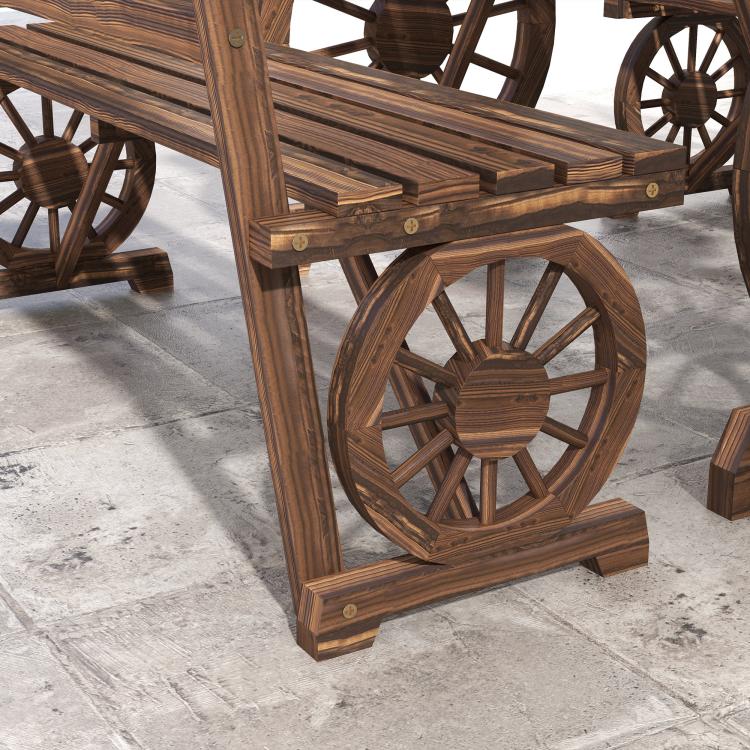 Wood outdoor patio dining table base with wagon wheel design and slatted tabletop