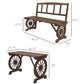 Brown wagon-wheel outdoor bench dining table set with size guide