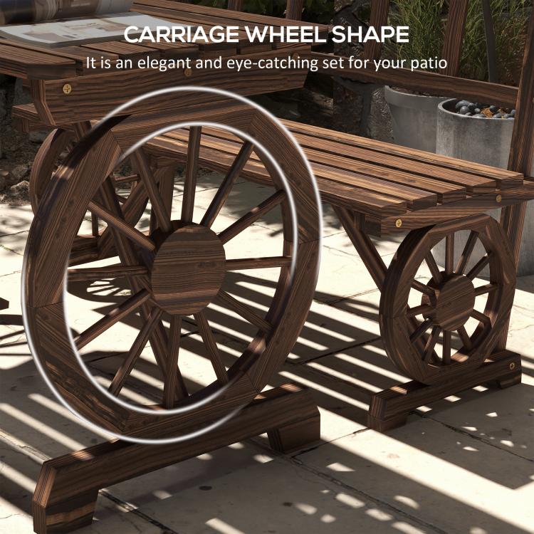 Brown wagon-wheel dining table with carriage frame and slatted tabletop