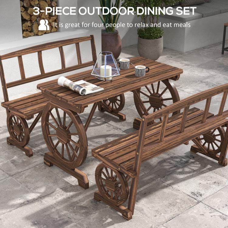 Brown outdoor dining set with wagon-wheel table and two bench seats for four