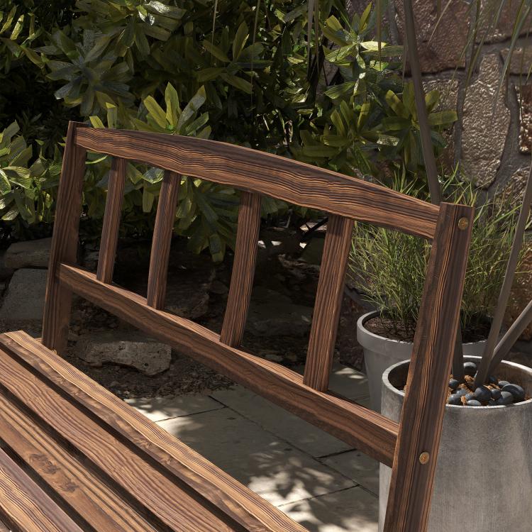 Brown outdoor bench back with vertical slat panels and sturdy frame