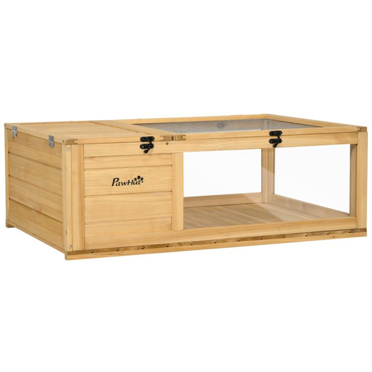 Rectangular wooden reptile tank with openable top and black latch hardware