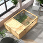 Wooden reptile terrarium with hinged mesh top and front opening, natural pine color