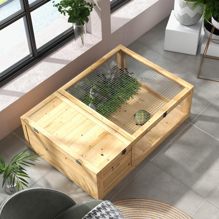 Wooden reptile terrarium with hinged mesh top and front opening, natural pine color