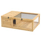 Natural wood reptile cage with mesh top panel and side access door opening