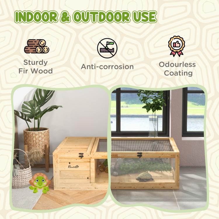 Wood reptile enclosure with ventilated mesh top and weather-resistant finish