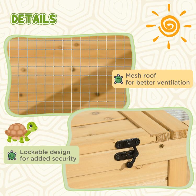 Wood reptile enclosure with wire mesh roof and lockable top hardware