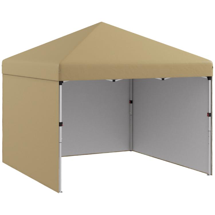 Beige pop-up canopy tent with sidewalls and open front corner