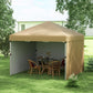 Beige pop-up canopy tent with sidewalls set up on a lawn