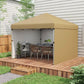 Beige pop-up canopy tent with sidewalls and open entry on a wooden deck