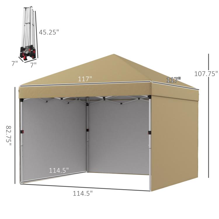 Beige 10x10 pop-up canopy tent with sidewalls and height dimensions