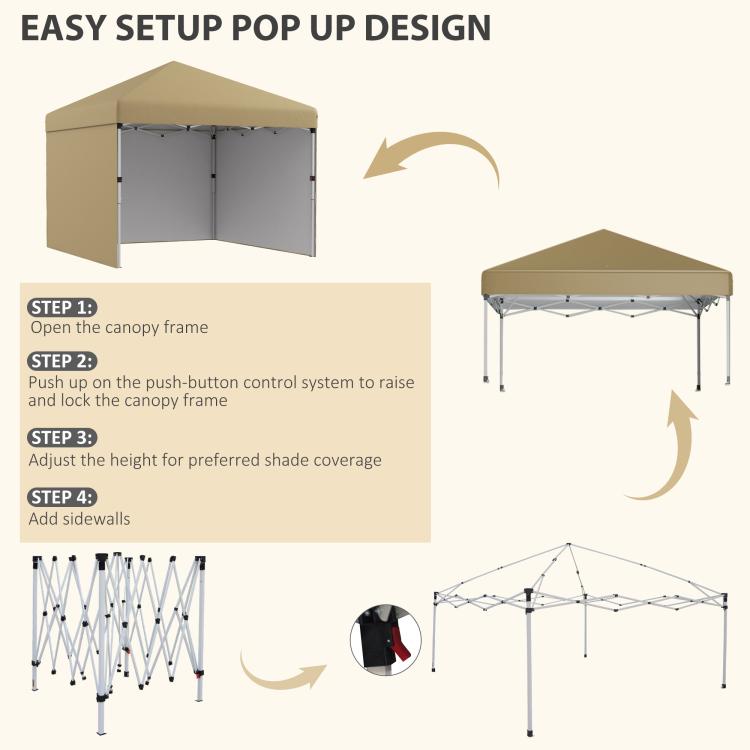 Beige pop-up canopy tent shown in easy setup stages with sidewalls