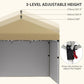 Beige pop-up canopy tent corner with 3-level height adjustment control