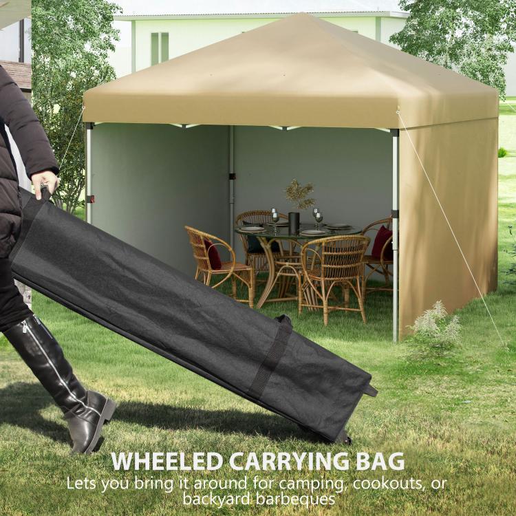 Beige pop-up canopy tent with wheeled carrying bag for storing sidewalls and frame