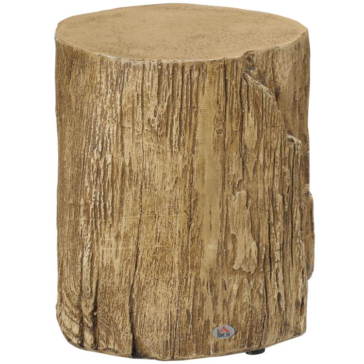 Rustic tree stump end table with round top and textured wood-grain finish, brown