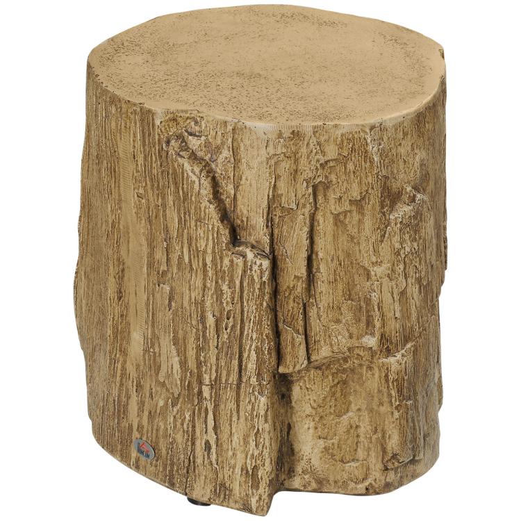 Rustic tree stump end table with round top and notched log-style sides, brown