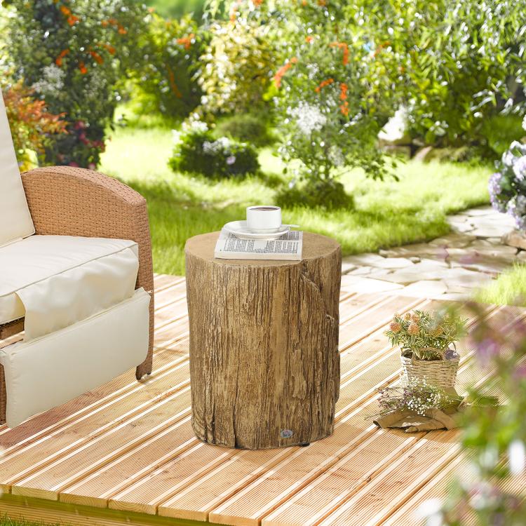 Outdoor tree stump end table with round top and bark-textured finish, brown