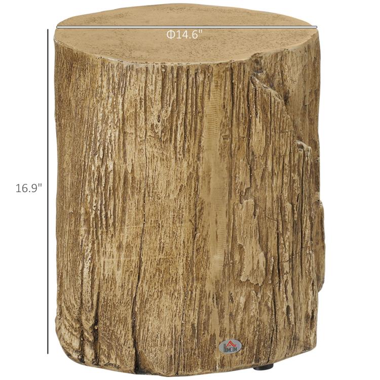 Tree stump end table with round top and rustic bark-look texture, brown