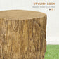 Close-up of tree stump end table top with coarse texture and wood-grain side, brown