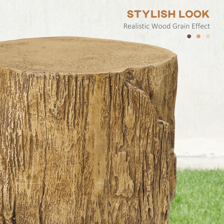 Close-up of tree stump end table top with coarse texture and wood-grain side, brown