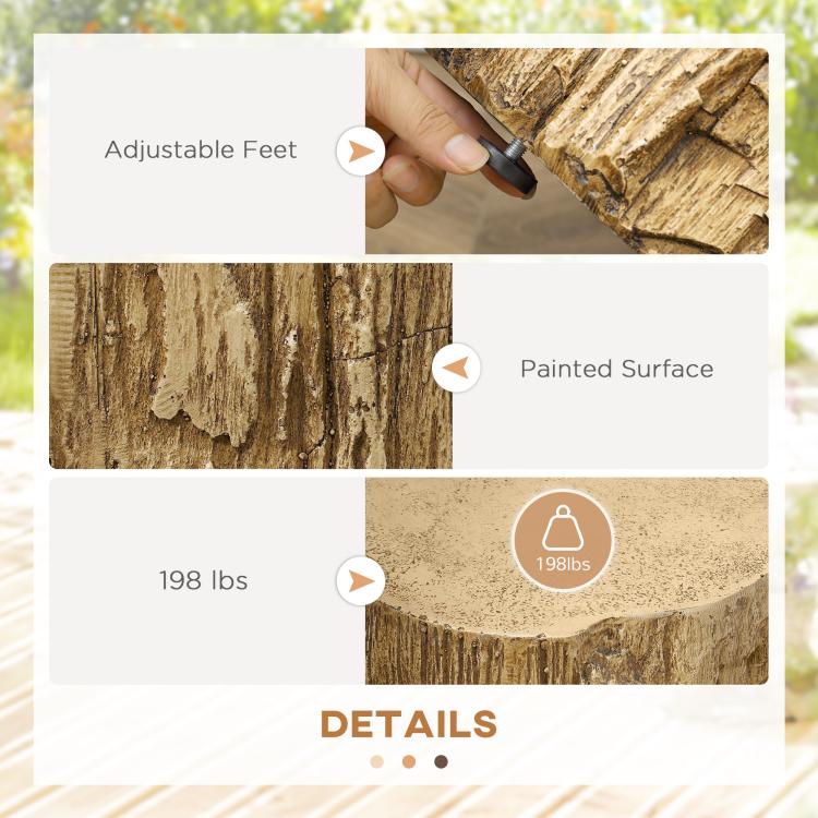 Tree stump end table details collage with adjustable feet, textured top, and painted surface