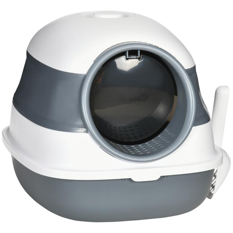 Gray and white dome covered cat litter box front entry with dark interior
