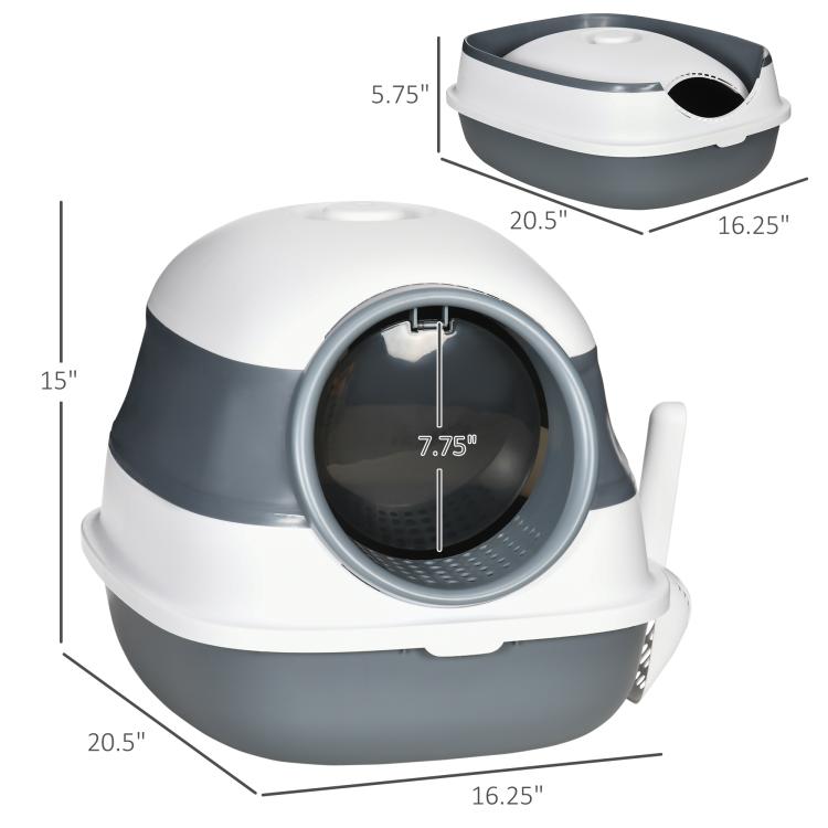 Covered cat litter box size diagram, white lid and gray base with front opening
