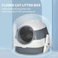 Closed cat litter box with domed lid, white and gray, round front entrance