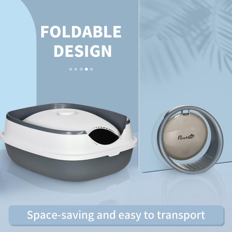 Foldable covered cat litter box, white dome lid and gray base