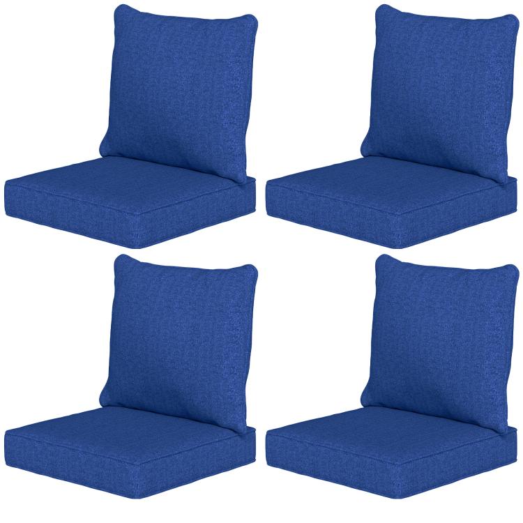Set of four navy blue chair cushions with padded seat and tall backrest