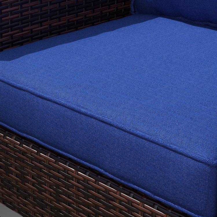 Navy blue patio chair seat and back cushion, rectangular with zipper edge detail