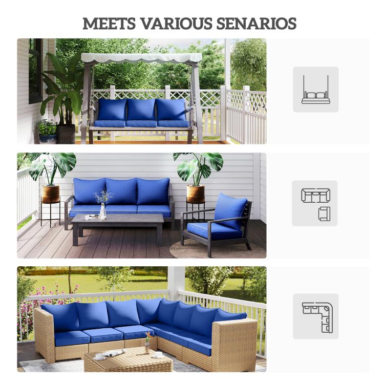 Navy blue outdoor chair cushion set shown on patio seating scenes