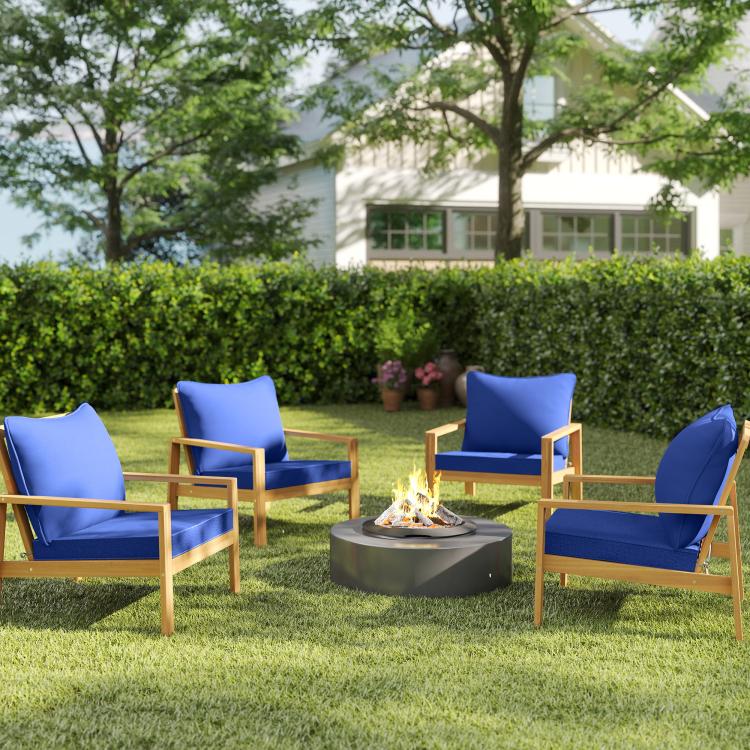 Navy blue chair seat and back cushions on outdoor lawn seating