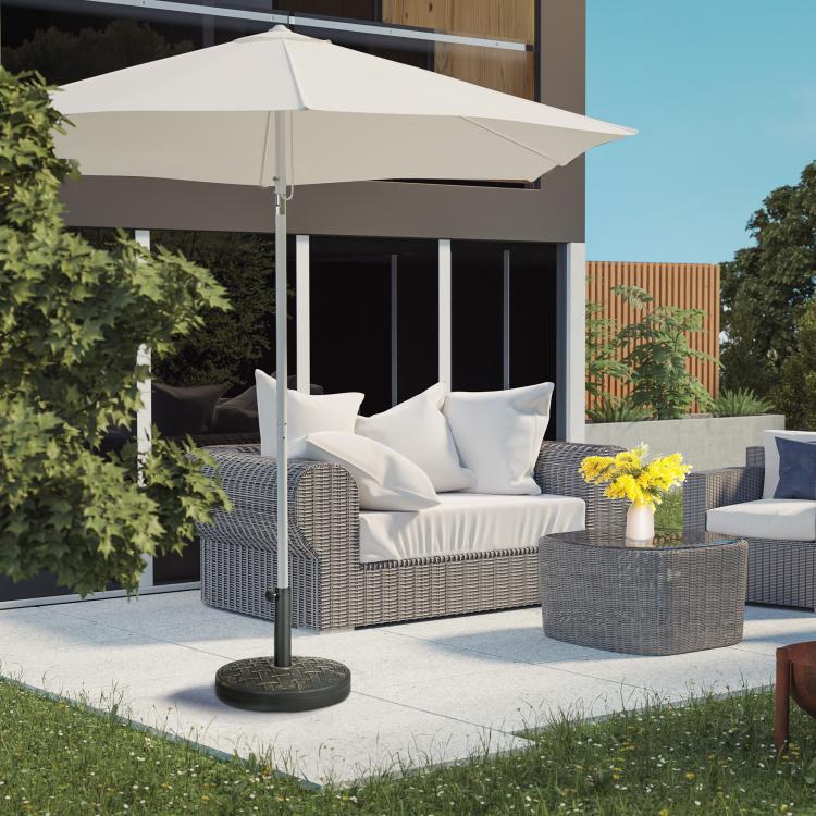 Black umbrella base stand with metal pole holder and round patterned base