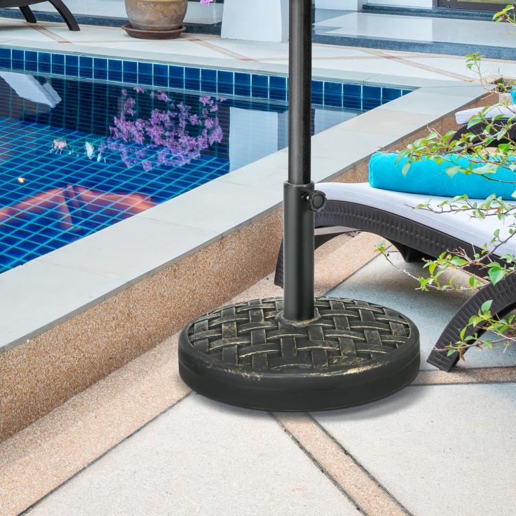 Umbrella base with vertical pole and round woven-pattern concrete-style plate
