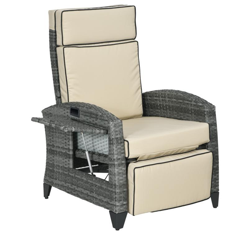 Outdoor reclining lounge chair with beige cushions, armrests, and side tray table