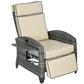 Outdoor reclining lounge chair with beige seat and back cushions, gray woven frame