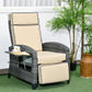 Outdoor reclining patio lounge chair with beige cushions and curved gray armrest tray