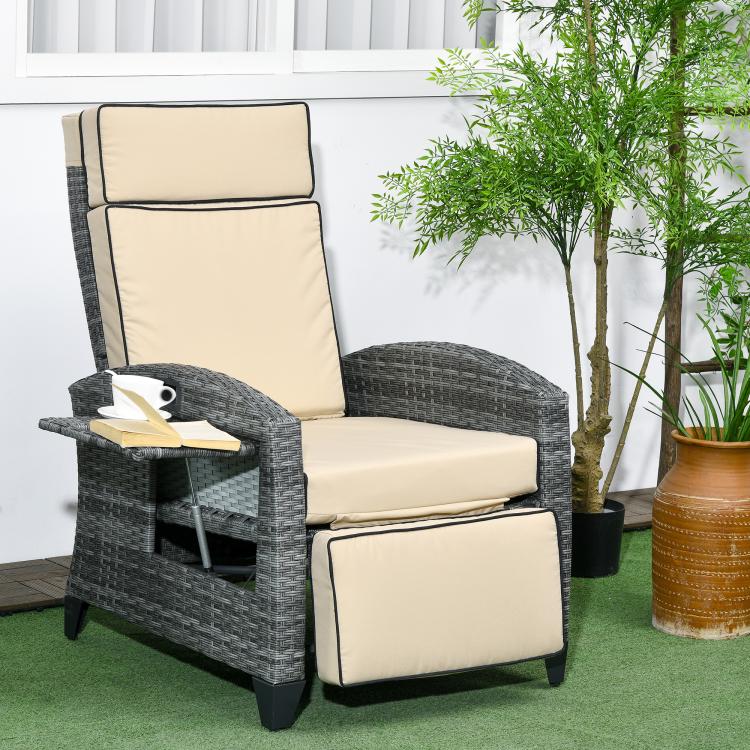 Outdoor reclining patio lounge chair with beige cushions and curved gray armrest tray