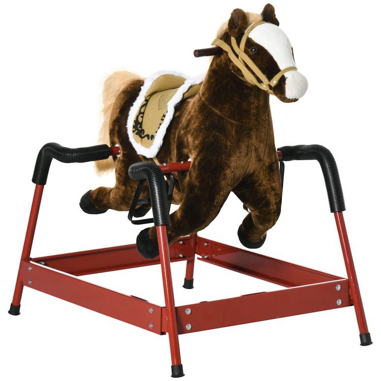 Kids rocking horse with dark brown plush body, white face, black handlebars, red frame