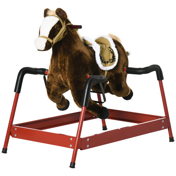 Kids rocking horse, dark brown plush horse with white face, front view, red base, black grips