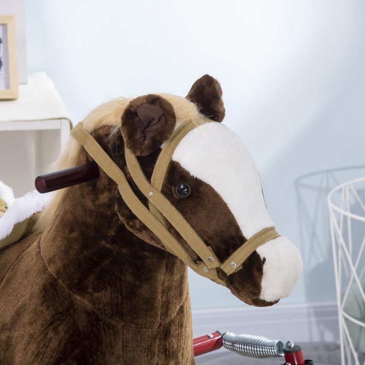 Kids dark brown rocking horse with fabric mane, bridle strap, and black eye