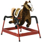 Kids dark brown rocking horse with white face, red base frame, and front hand grips