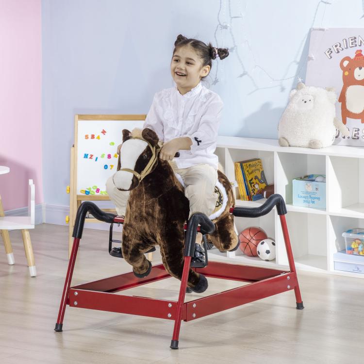 Kids rocking horse with dark brown plush horse and white mane, child riding, red frame