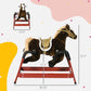 Kids rocking horse size diagram, dark brown plush horse, red rocking base, black handles