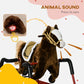 Dark brown plush rocking horse with white face, press-ear sound feature, black handlebars, red base