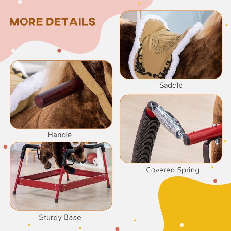 Rocking horse details: dark brown plush horse, saddle and covered springs, red base, black handles