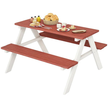 Kids wooden picnic table set with tabletop and two attached benches, brown and white frame