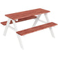 Wooden kids picnic table set with long bench seating on both sides, brown top and white legs