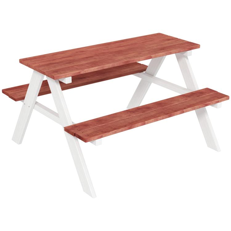 Wooden kids picnic table set with long bench seating on both sides, brown top and white legs
